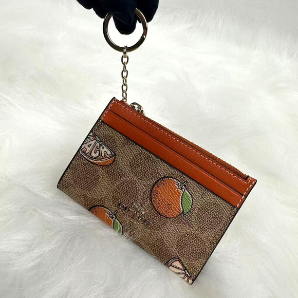 Coach Mini Skinny Id Case In Signature Canvas With Orange Print In Tan CAR21 NWT - Picture 1 of 4